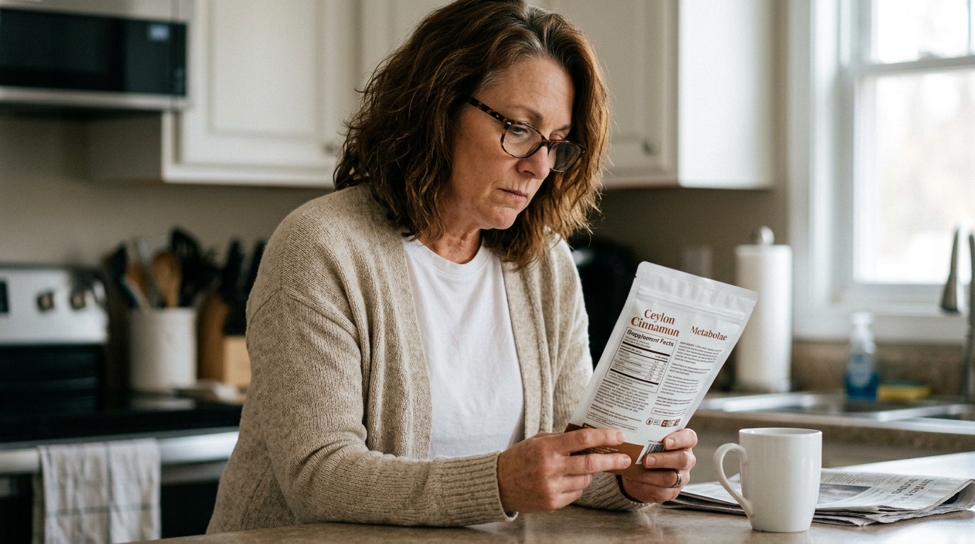 Susan reading a supplement label closely