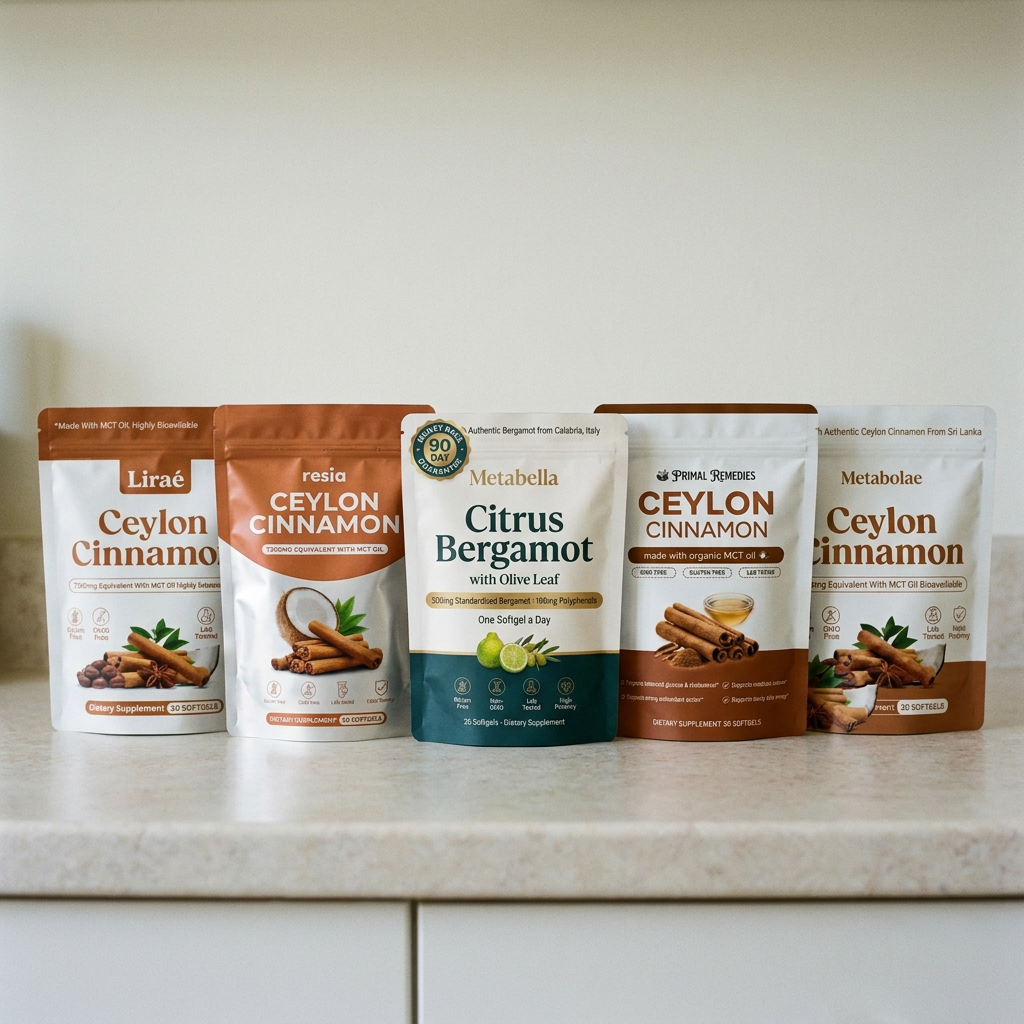 The five tested pouches lined up