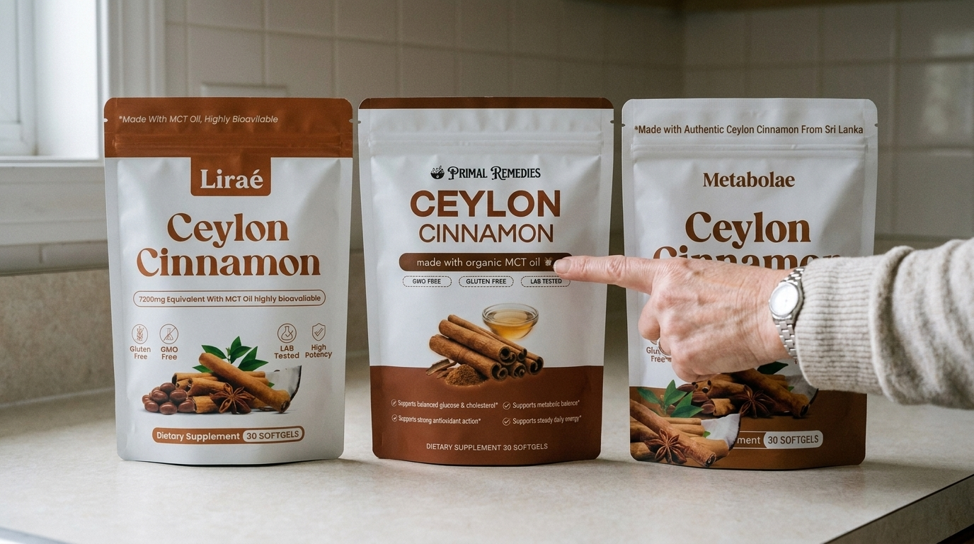 Three cinnamon pouches side by side with identical labels